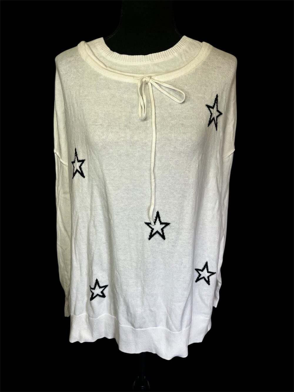 Elliott Lauren White Black Stars Cotton Cashmere Blend Sweater Sz XL Drawstring